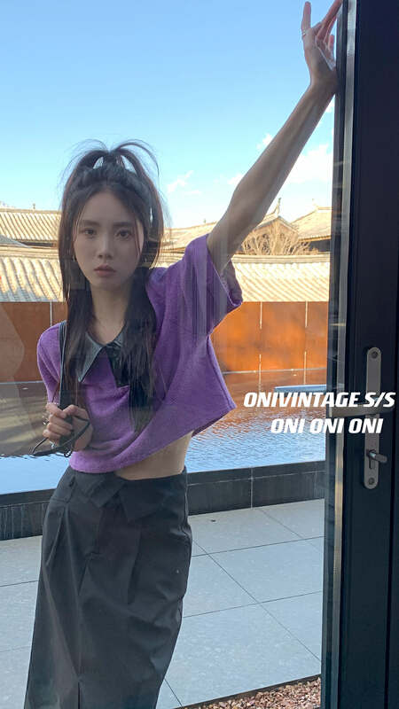 [onivinage Ernie] tweed placket half open neck blouse oz222z4894# zxl