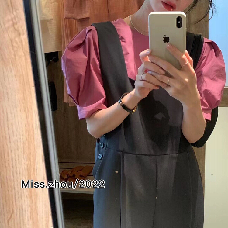 goods in stock! New in early summer! [mi ni] bubble sleeve solid color blouse + temperament versatile suspender Pants Set 2890# PCZ