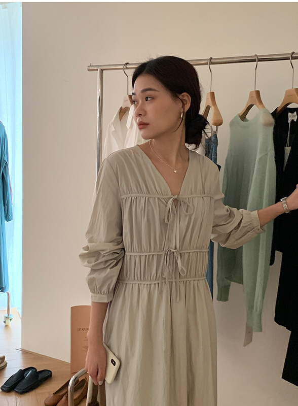New year in early spring! [the mind] Korean style neckline lace up solid dress 60186# XYJ