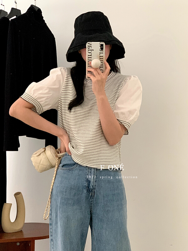 [f one] Korean casual round neck stripe short sleeve T-shirt 66156# WPL