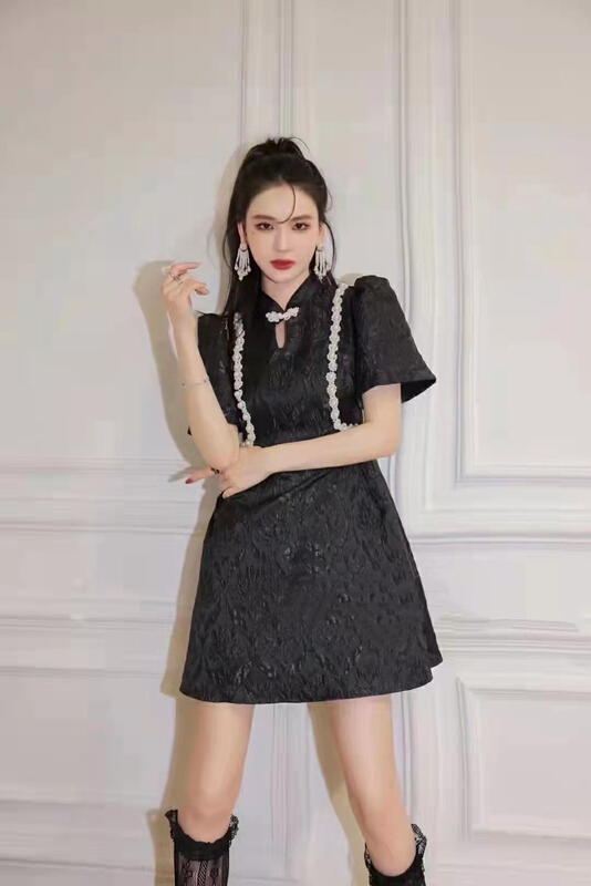 [JH] Korean style coiled pearl bubble sleeve dress (dress only) 41202# PCZ