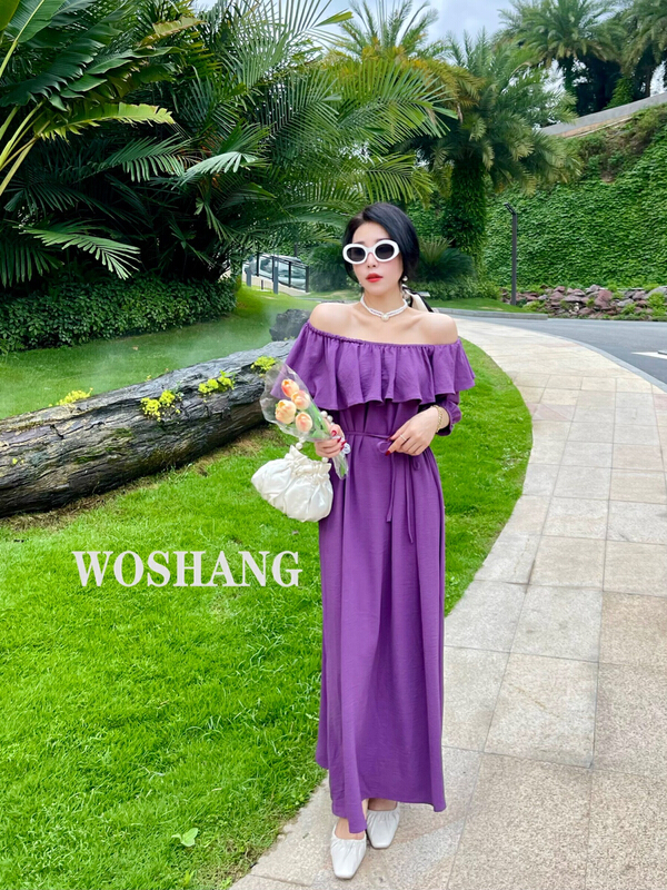 [woshang woshang] ruffled off shoulder dress (with waist rope) 1269# XYJ