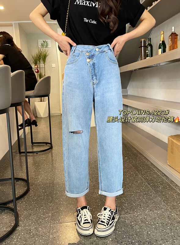 [Mi & Co Wu] irregular waist design hole Harlan jeans t1223# hjy