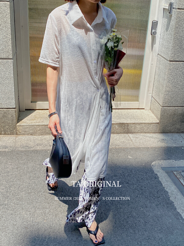 [TA] versatile medium and long style large split side button short sleeved sunscreen shirt 5356# ll