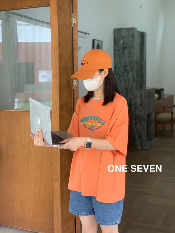 【ONE SEVEN】韓系笑臉字母印花百搭短袖T恤  5068#  XYY