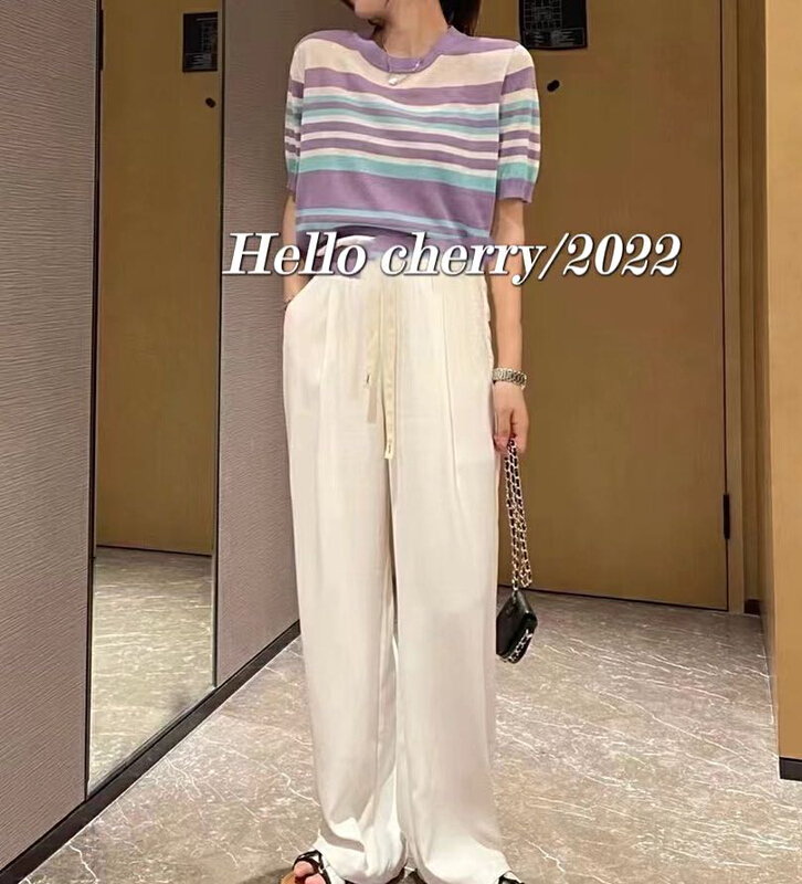 [Hello cherry] striped crew neck short sleeve versatile T-shirt 2418# WTT