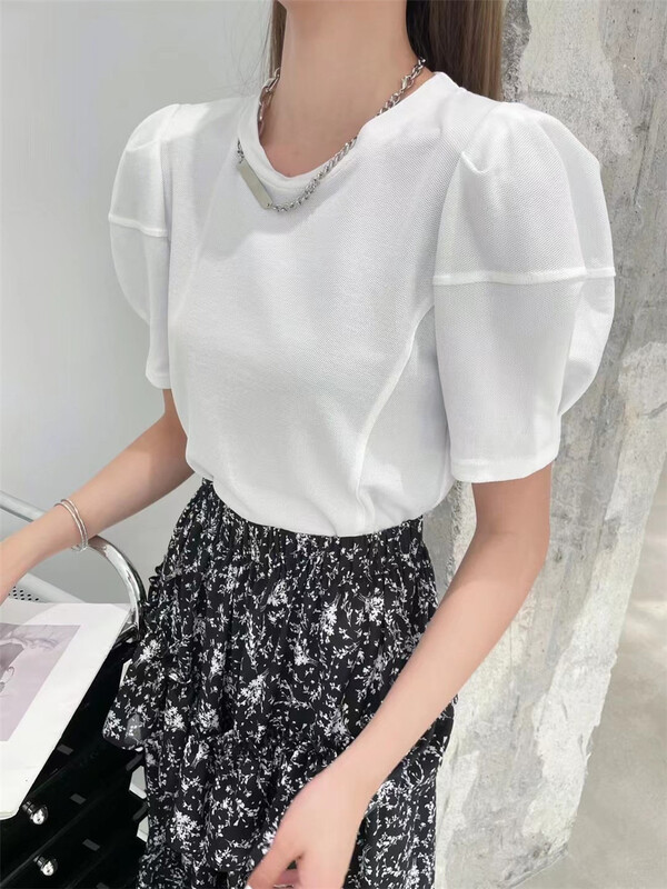 [Anan] bubble sleeves are thin and versatile short sleeve T-shirt (with chain) 5611# XYJ