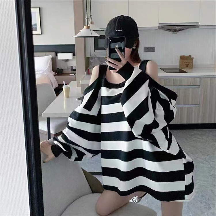 [ff.studio] loose large slim stripe off shoulder shirt 7783\ozq