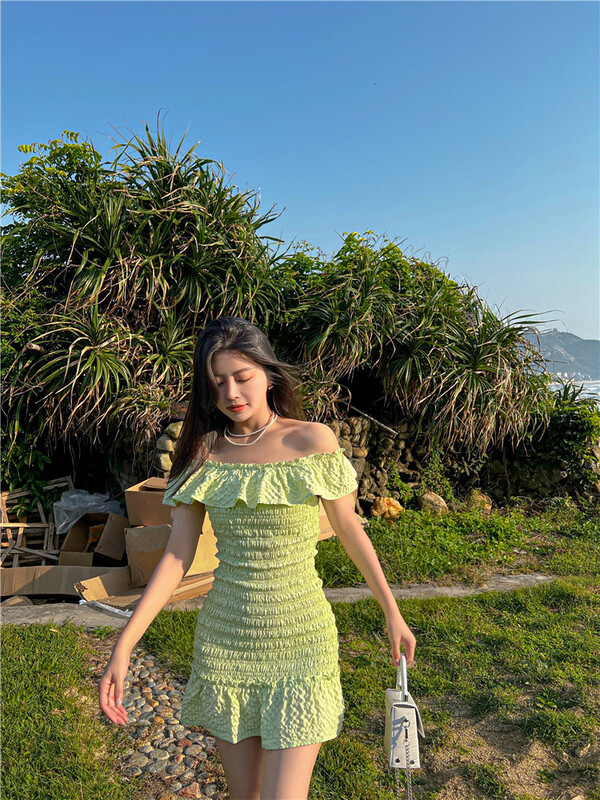 [Cr] waisted off shoulder dress 6133# PCZ
