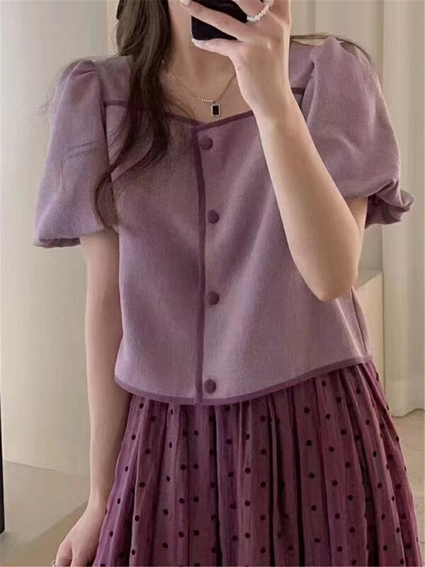 New in early summer! [malt] bubble sleeve square neck single breasted shirt 3060# XYJ