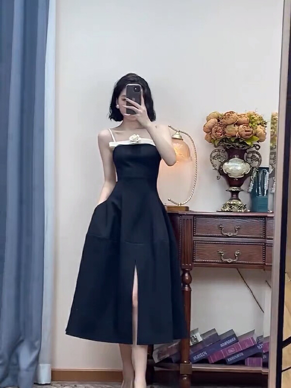 [Yingying new clothes] French retro color contrast celebrity suspender dress 7268# Cl