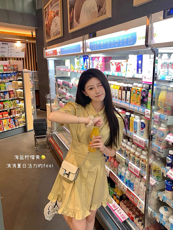 [L.L studio] French girls Bubble Sleeve Plaid waist closing dress 7540# PCZ