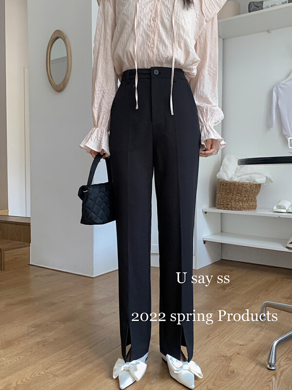 goods in stock! [u say] Korean high waist slim front slit trousers 65162# LSL