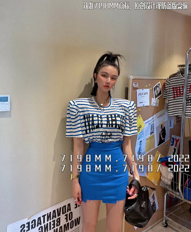 [7198] modern hot girl print stripe short sleeve T-shirt 22295# PCZ
