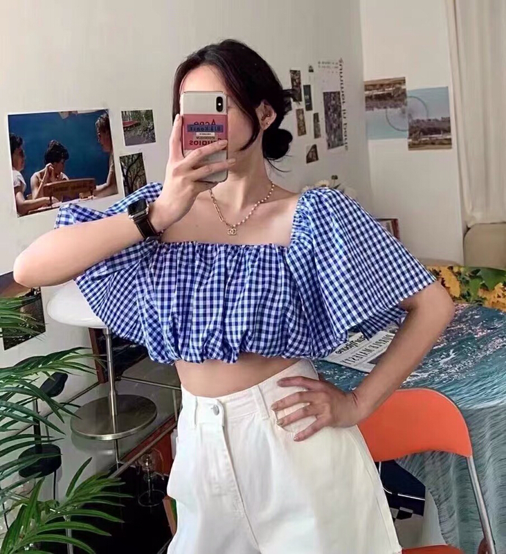 [Hello] short lotus leaf cuffed Plaid off shoulder shirt ys-6331# lwy