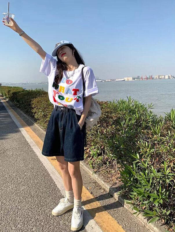 [Meet Rainbow] Korean color letter round neck Pullover short sleeve T-shirt 11871# LSL
