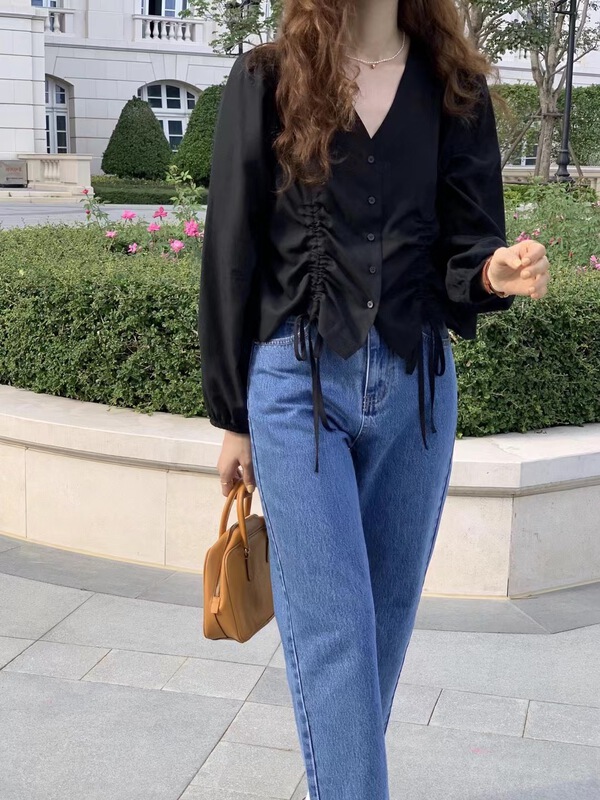 Original price 88.99! Early spring! [T.G] V-neck single breasted drawstring shirt 15987# cqw