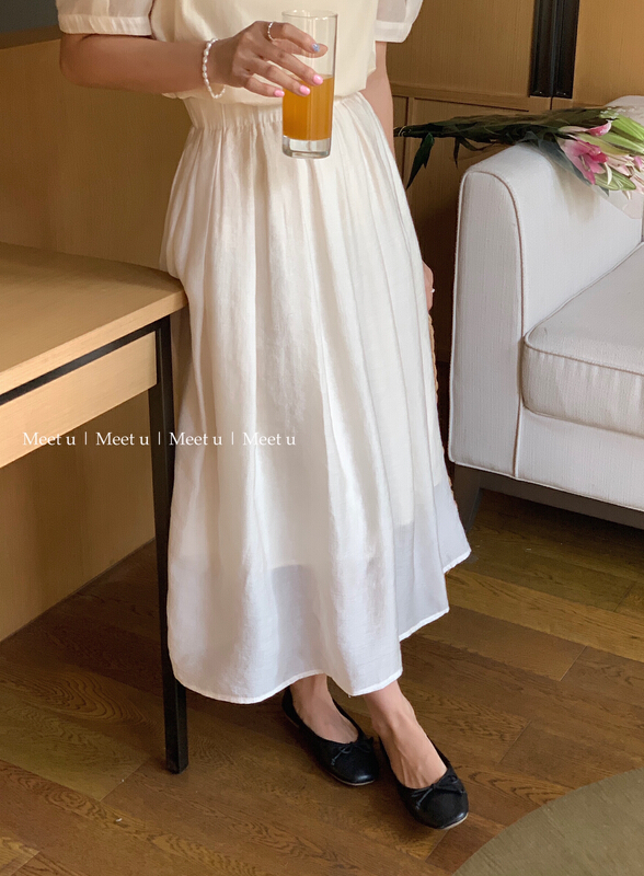 [meetu] Korean versatile Xianxian yarn hem elastic waist skirt 22151# HBx