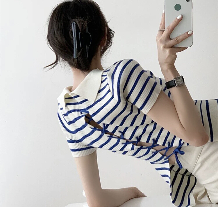 [blue show] striped bandage backless ice silk short sleeved sweater 6067# LSW