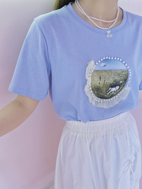 [twins] niche design printing pattern three-dimensional mesh short sleeve T-shirt 3009# hjy