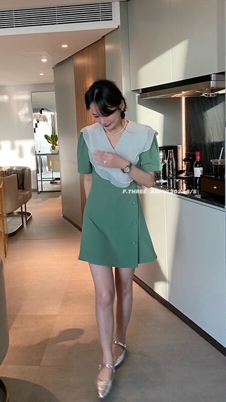 New in early summer! [f.three] temperament lotus leaf collar breasted dress 95181# XJ