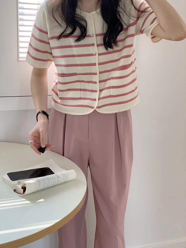 初夏上新！【THE NICE】條紋小香風甜美針織開衫  00266#  HJY