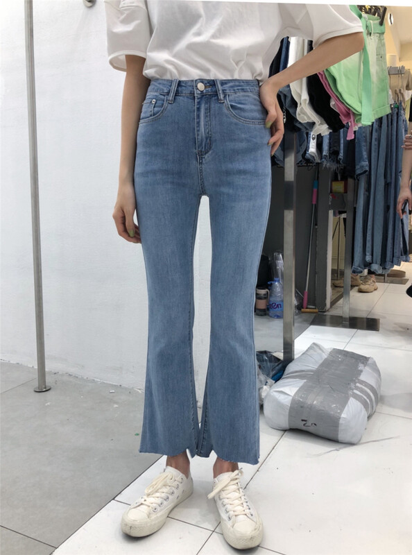 [Qiqi] Korean slim fit nine point thin material micro flare jeans 6181# cqw