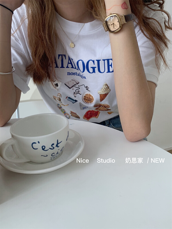 [naisijia] American retro fashion printed loose Pullover short sleeve T-shirt 3687# zjy