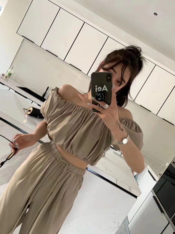 [FF. Studio] drop feeling light shoulder pull top + high waist elastic lace up wide leg pants set 5560# ozq