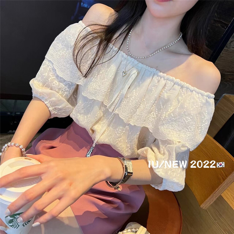 [IU] French one line shoulder lotus leaf edge loose blouse 6812# WPL
