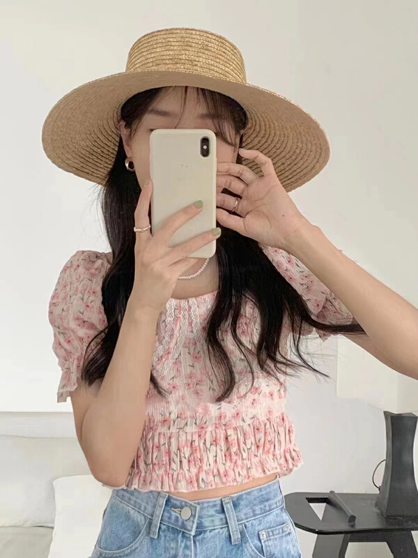 [CTH] Japanese sweet square neck small broken flower stitching Lace Waist small shirt 8831# cqw