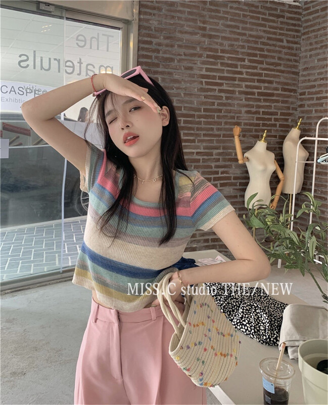 [miss. C studio] Korean sweet color stripe short sleeved sweater 2216# zxx