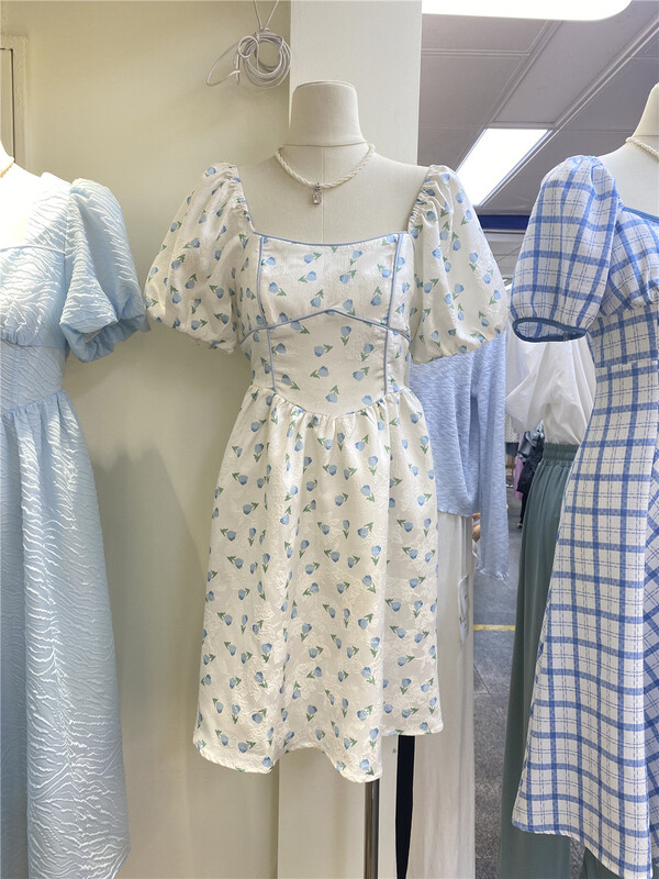 [Lulu grace] Korean printed square neck bubble sleeve dress 6305# ZSY