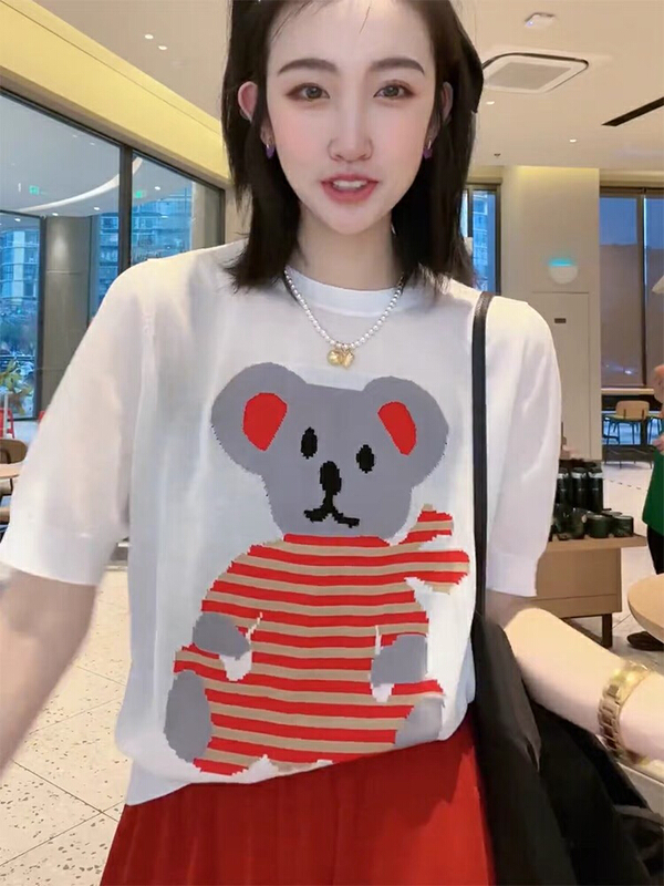 [pamini] round neck bear color matching sweater 22931# Cl
