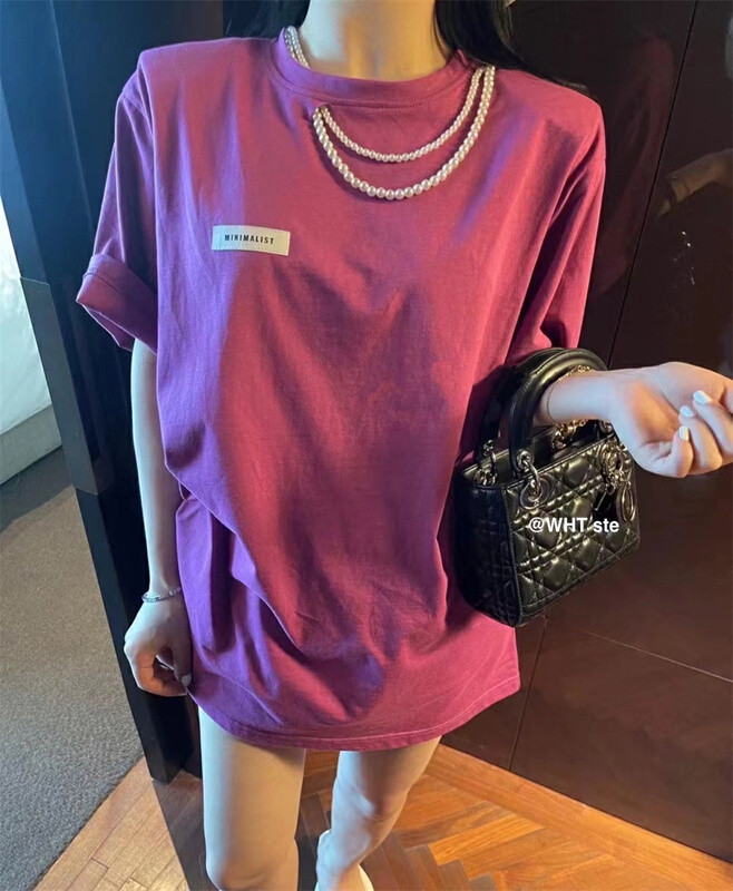 goods in stock! New in early summer! [wht] pearl detachable shoulder pad loose texture short sleeve T-shirt 3056# WTT