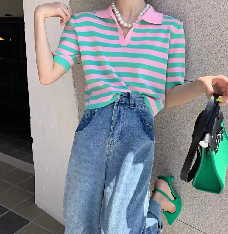 [Mi +] Lapel small V stripe short sleeve sweater 2107# ozq