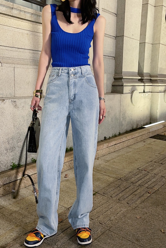 New year in early spring! [x2 Fansi feather] light color high waist thin straight tube floor mop jeans 6021# WTT