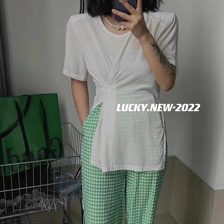 [lucky] irregular open fork diagonal buckle waist small shirt (with chain) 8821-1# zxx