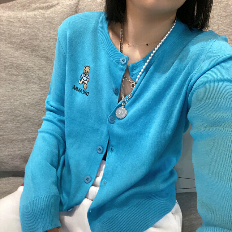 [Qijia +] Korean bear embroidery versatile knitted cardigan 7259# zyh