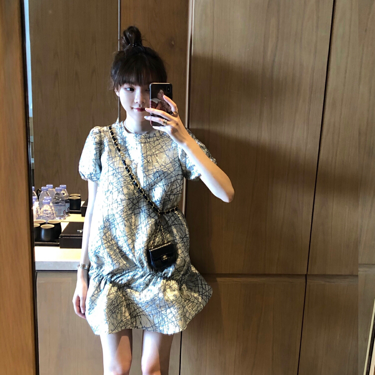 [pepper] temperament wrinkled bubble sleeve loose vintage dress 1262# Cl