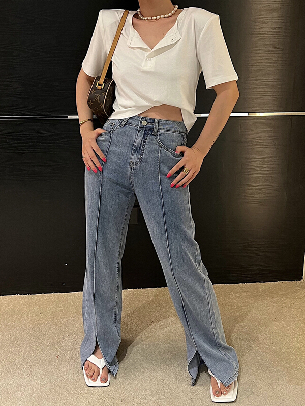 [f (x)] Korean Tencel front split jeans k2055# ozq