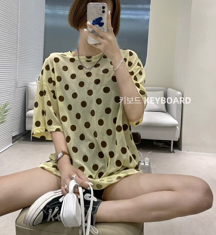 Original price 43.99! [keyboard] round neck wave dot loose short sleeve T-shirt a-8913# LSL