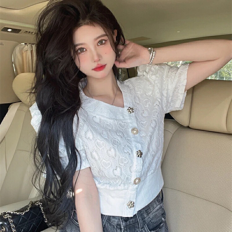 [Nancy] design sense niche temperament bubble sleeve hollowed out shirt 00089# WPL