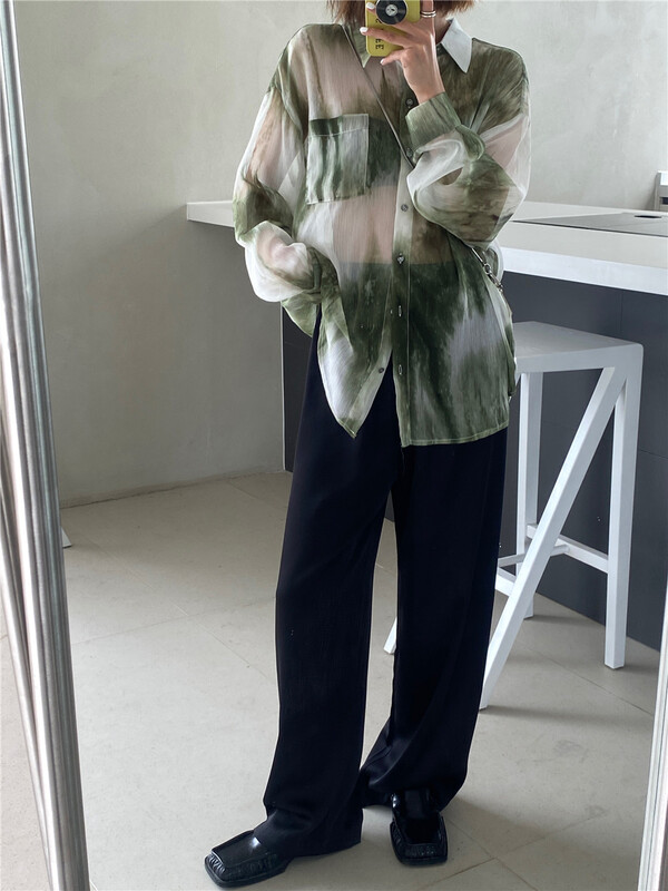 [black + white] fashion loose color blocking semi transparent shirt 2s01010m# lwy