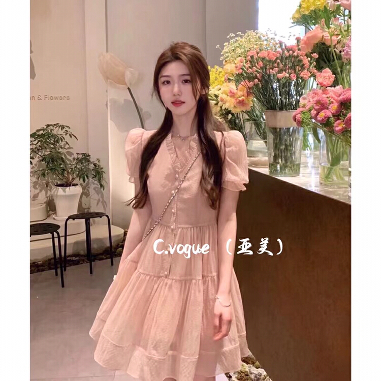 [c.vogue] Korean soft V-neck Chiffon Plaid short dress 3319# PCZ