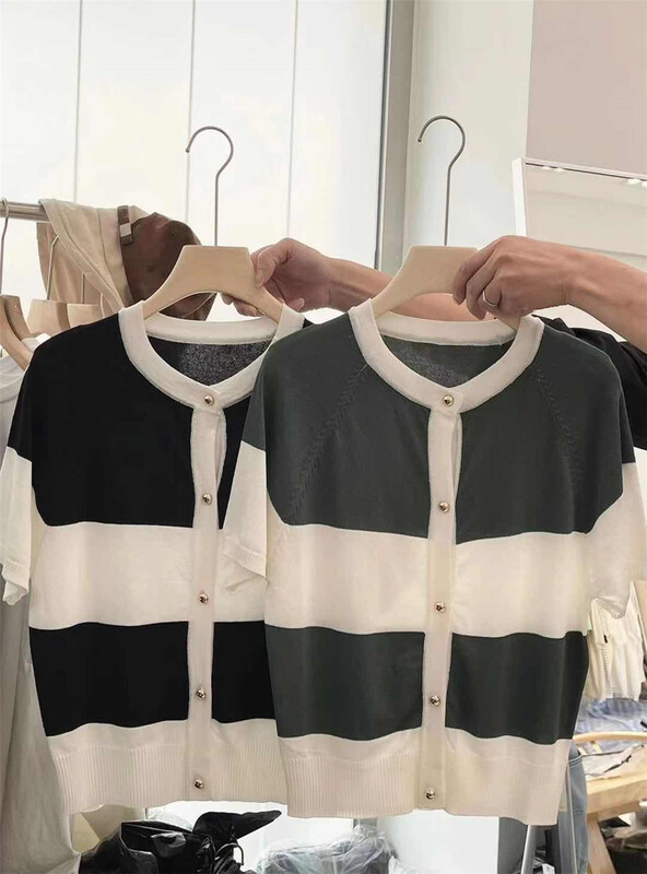 [Ling nonos] Korean style button wide stripe thin knit cardigan 590010# CSX