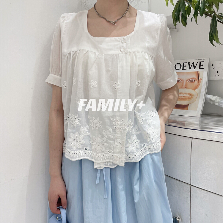 New in early summer! [family +] Korean version square neck open button embroidered hemp cotton age reducing shirt 22161# ozq