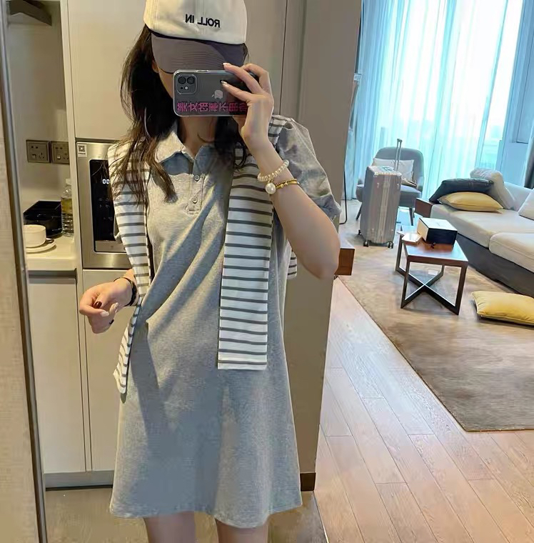 [Hello] Korean fake two-piece Polo neck stitched loose dress ys-6329# lwy