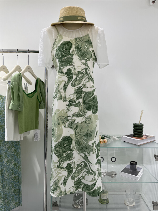 [naimier] Korean version solid color short sleeved blouse + slim and versatile suspender skirt suit 2118# LSW