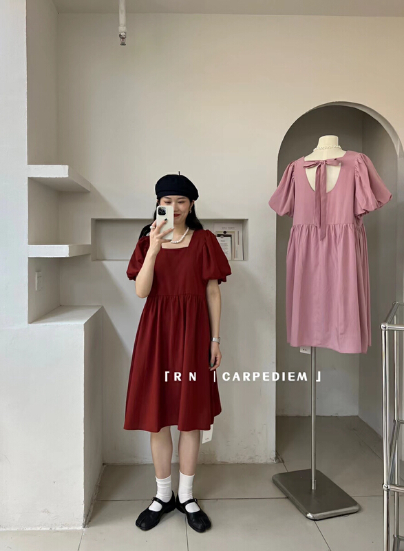[R n] Korean loose and thin square neck bubble sleeve dress 80921# ll
